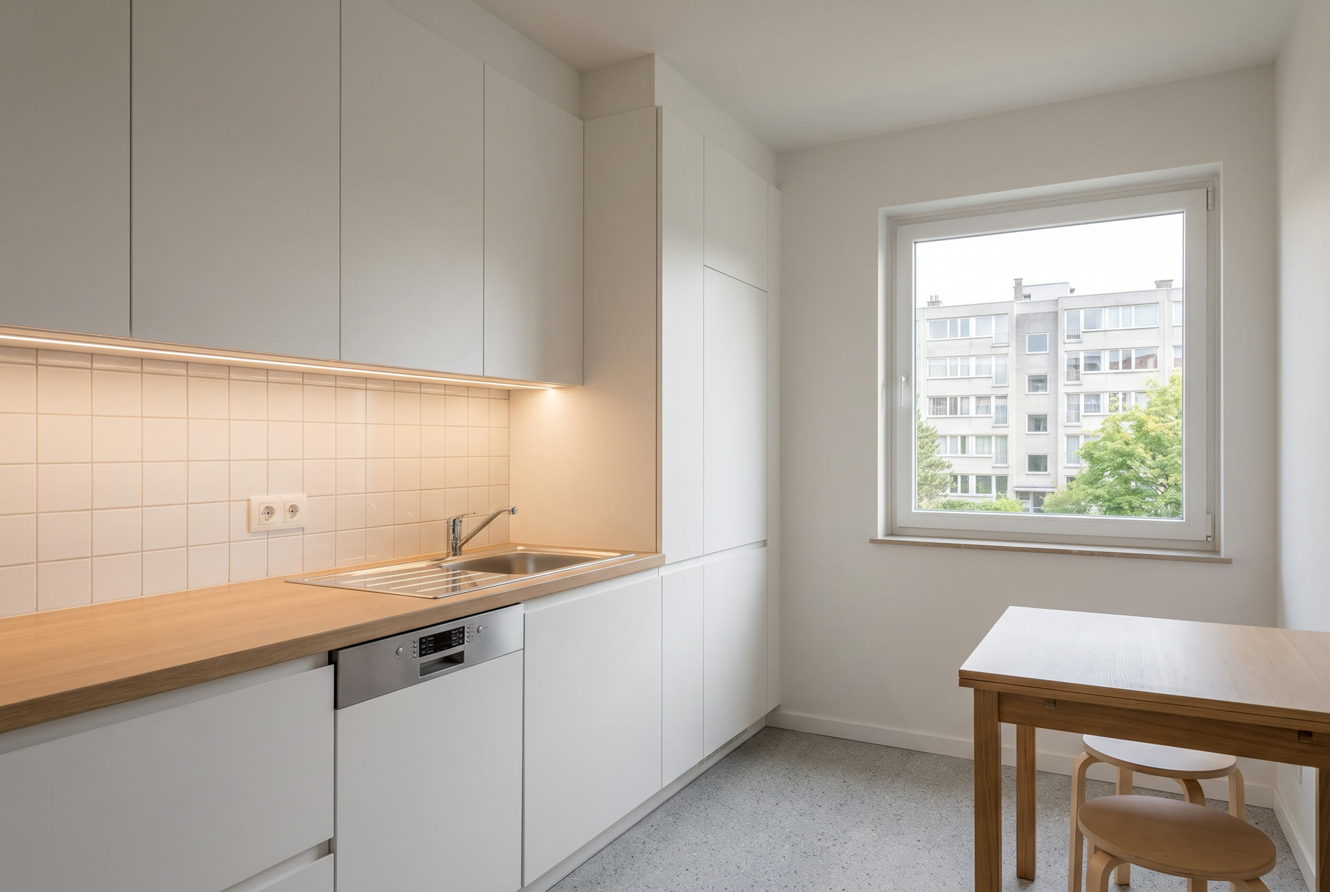 Petite cuisine d'immeuble des années 70 à Woluwe-Saint-Lambert, refaite
