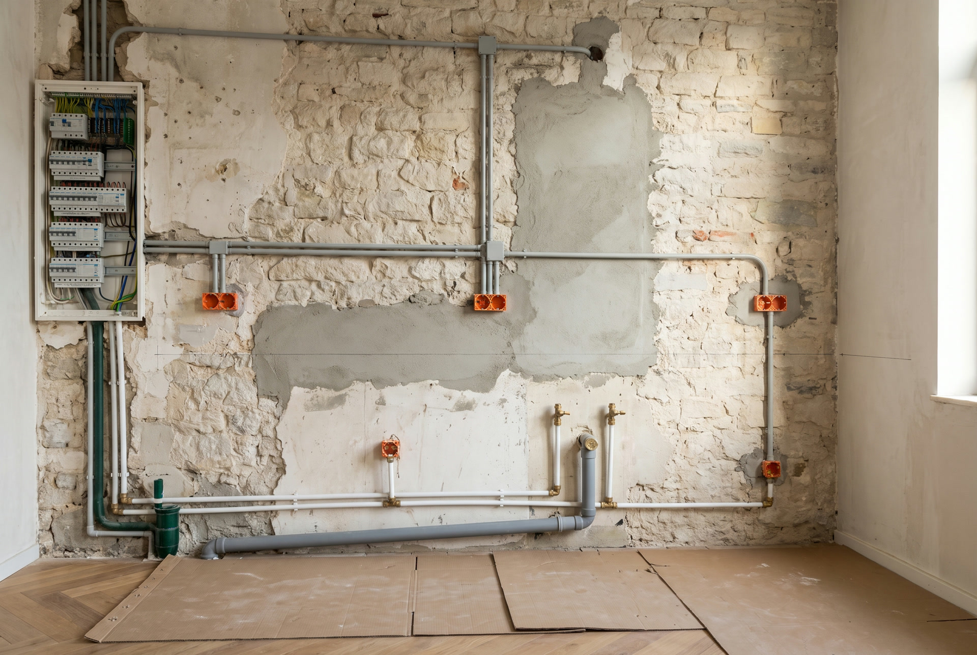 Mur de cuisine avec tuyaux multicouche et gaines électriques en attente, avant l'enduit